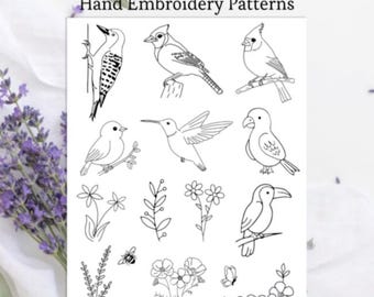 PDF-borduurpatroon van een vogel, sjabloon voor het oplossen van vogel- en bloemmotieven, handborduurwerk met stokjes en steken, borduurontwerp voor beginners.