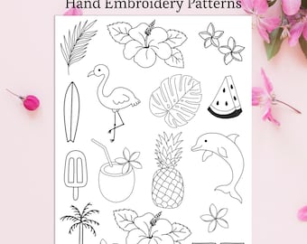 Patrón de bordado tropical en PDF, bordado a mano soluble, impresión y puntada, patrón de bordado para principiantes, diseños de ropa con flores tropicales