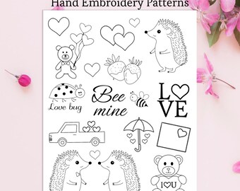 Patrones de bordado para San Valentín en PDF, bordado a mano, imprimible, para pegar y coser, patrón de bordado para principiantes, corazones de osito de peluche