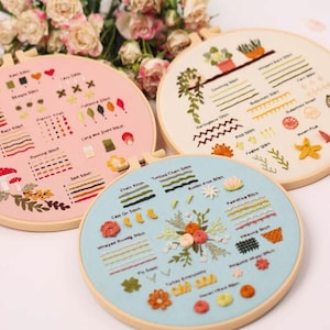 May include: Three embroidery hoops showcasing various stitch techniques. The hoops feature different colored fabric, including pink, cream, and blue, with examples of stitches like running stitch, chain stitch, and woven pick. The hoops are displayed with a floral background.