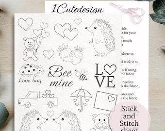 Bordado de San Valentín Papel de transferencia de puntadas y pegamento Estabilizador de bordado lavable Erizo Diseño de corazón para disolver puntadas y pegamento