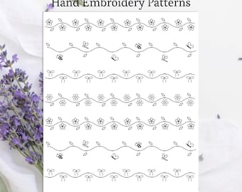 Borde floral, ribete, diseños de bordado a mano en PDF, patrón para principiantes para imprimir y coser, plantilla lavable con diseño de borde floral.