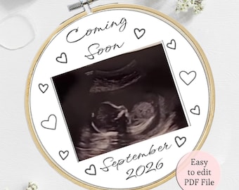 Patrón de bordado de ultrasonido de bebé, bordado a mano personalizado, bordado con puntada, anuncio de embarazo, plantilla lavable, descarga digital