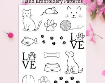 kattenborduurpatroon met stokjes en steken voor beginners, hondensjabloon, handborduurwerk, uitwasbare stabilisator, borduurontwerpen voor huisdieren