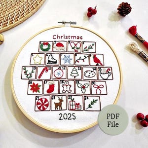 PDF-broderimönster för adventskalender, upplös handbroderi, utskrivbart stick and stitch-mönster för nybörjare, klibbigt stabiliseringsmönster för jul