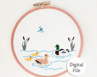 Bordado de pato real para principiantes en PDF, bordado a mano, impresión y bordado, conjunto de bordado para principiantes, arte de bastidor de familia de patos, archivo digital