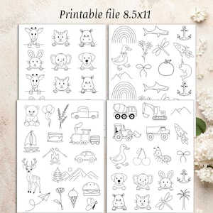 May include: Four printable A4 sheets with black and white line art illustrations. The sheets feature various drawings of animals, objects, and nature elements, including a giraffe, cat, hippo, rainbow, and a rocket. Text: Printable file 8.5x11.