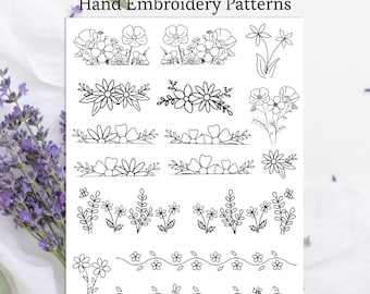 Diseños de bordado a mano en PDF con ribete floral, patrón para principiantes para imprimir y coser, plantilla lavable con diseño de borde floral.