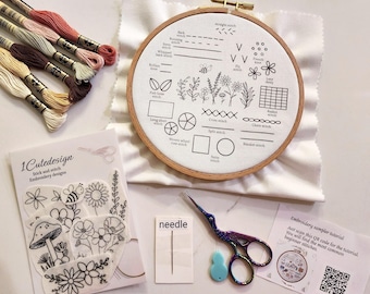 Kit de bordado para principiantes, patrón de flores, costura, artesanía, kit de bordado a mano, idea de regalo para ella, juego de puntadas y palillos