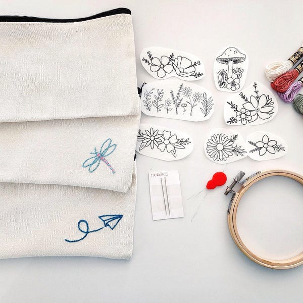 Hand embroidery kit with canvas bag floral stick and stitch needlework craft embroidery pouch kit gift idea for her