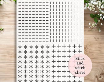 May include: A white stick and stitch sheet with various stitch pattern designs in dark gray. The patterns include dashed lines, vertical lines, asterisks, and plus signs. A pink circle with the text "Stick and stitch sheet" is on the right.