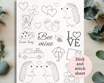 Bordado de San Valentín Papel de transferencia de puntadas y pegamento Estabilizador de bordado lavable Erizo Diseño de corazón para disolver puntadas y pegamento