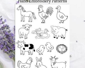 PDF-borduurpatroon met boerderijdieren, sjabloon voor handsteken, printbaar, plakken en stikken, boerderijdieren voor beginners, wasbaar transferpapier