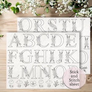 Letras de bordado do alfabeto dissolvem adesivo, cole e costure nome personalizado, padrão de bordado moderno, roupas, letras florais do alfabeto