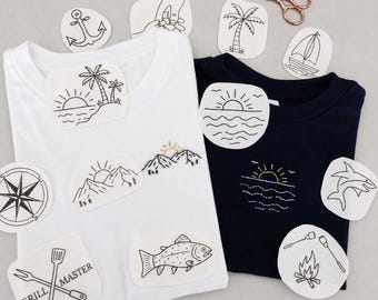 Borduurpatroon met stok- en steektechniek voor kamperen. Afwasbare borduurstabilisator. Forel oplosbaar papier. Buitenpatroon.