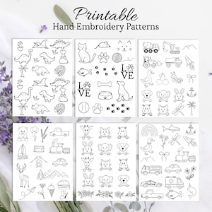 May include: Six printable hand embroidery patterns with diverse designs. The patterns include dinosaurs, cats, dogs, vehicles, animals, and other cute illustrations. The text "Printable Hand Embroidery Patterns" is at the top.
