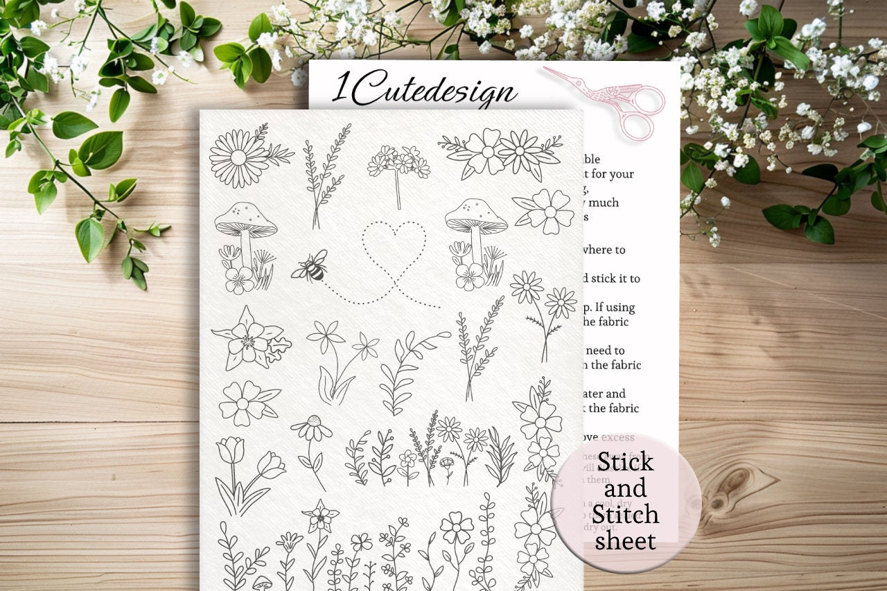 Flowers and foilage embroidery full sheet,Stick and stitch bee, Handcrafted clothes embellishment, trendy Stick and stitch transfer paper