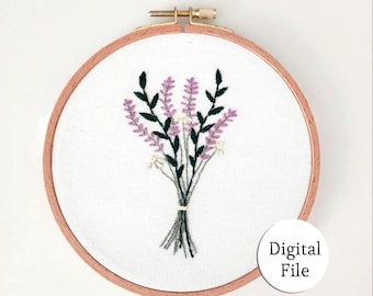 Ramo floral para principiantes, bordado a mano, impresión y bordado, conjunto de bordado para principiantes, ramo de lavanda, arte en bastidor, archivo digital
