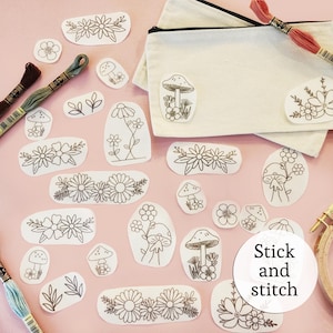 embroidery flower and mushrooms,Stick and stitch transfer paper, Washaway Embroidery Stabilizer, sewing Stick and stitch dissolve paper