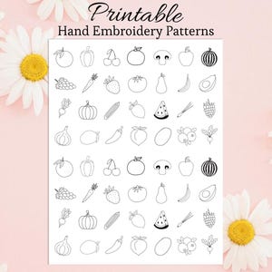 May include: Printable hand embroidery patterns featuring various fruit and vegetable designs. The patterns include outlines of apples, cherries, tomatoes, a mushroom, a watermelon, grapes, carrots, strawberries, a pear, a banana, and an avocado.