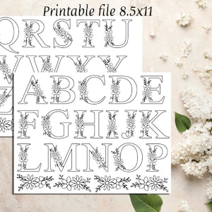 Design de alfabeto floral em pdf para bordado à mão, desenhos de bordado, download digital, padrão personalizado para impressão