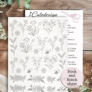 floral embroidery full sheet, stick and stitch transfer paper, Washaway Embroidery Stabilizer, wild flowers and greenery Stick and stitch