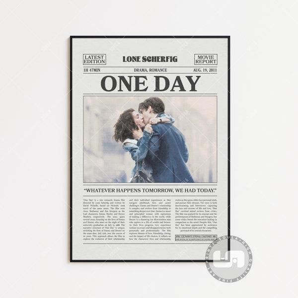 One Day Poster, Lone Scherfig, Movie Poster, Retro Newspaper, Black White Wall Art, Vintage Retro Art Print, Custom Movie Poster