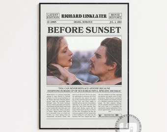 Before Sunset, Richard Linklater, Retro Newspaper Movie Poster, Black White Wall Art, Vintage Retro Art Print, Custom Movie Poster,