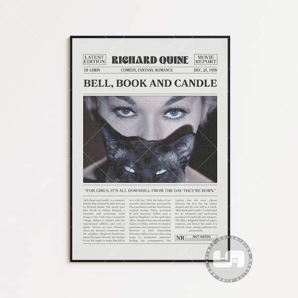 Bell, Book and Candle, Richard Quine, Retro Newspaper Movie Poster, Black White Wall Art, Vintage Retro Art Print