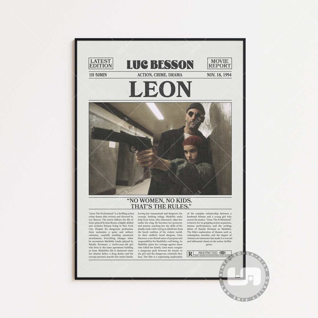 Leon, Luc Besson, Retro Newspaper Movie Poster, Black White Wall Art ...