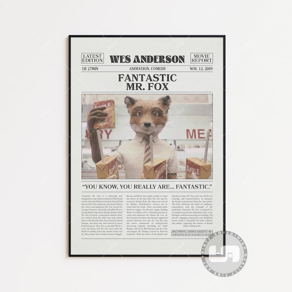 Fantastisches Mr. Fox Poster, Wes Anderson, Retro Zeitung Film Poster, Schwarz Weiß Wandkunst, Vintage Retro Kunstdruck