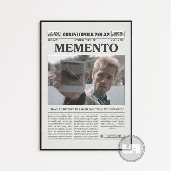 Memento, Christopher Nolan, Retro Newspaper Movie Poster, Black White Wall Art, Vintage Retro Art Print, Custom Movie Poster, Movie Print