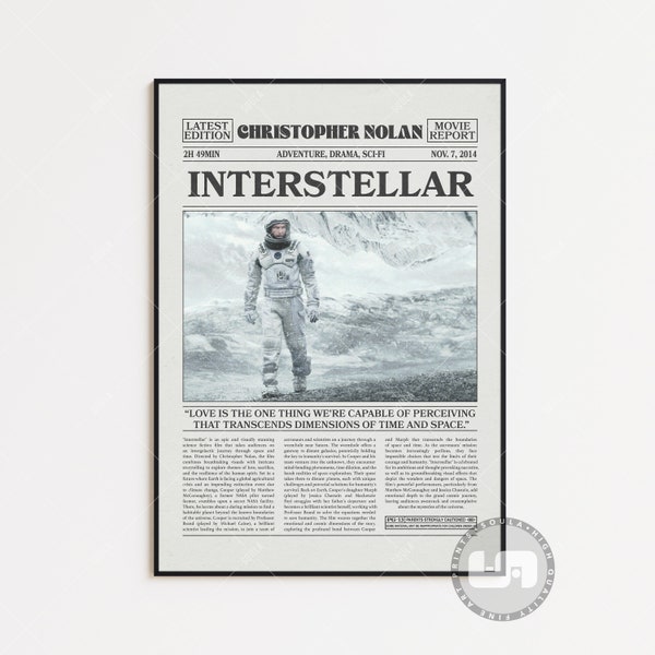 Interstellar, Christopher Nolan, Retro Newspaper Movie Poster, Black White Wall Art, Vintage Retro Art Print