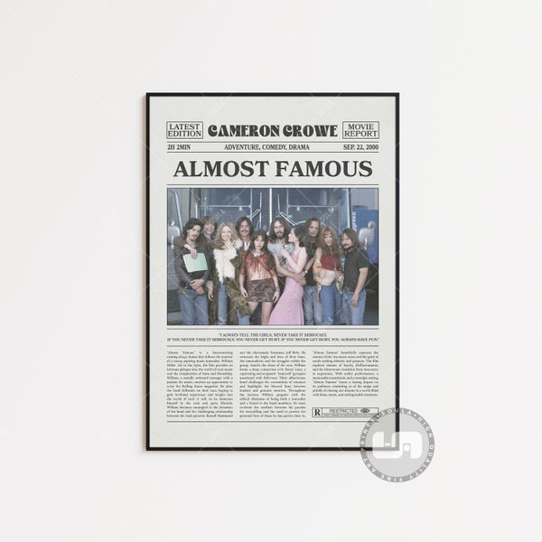 Almost Famous Poster, Cameron Crowe, Retro Newspaper Movie Poster, Black White Wall Art, Vintage Retro Art Print