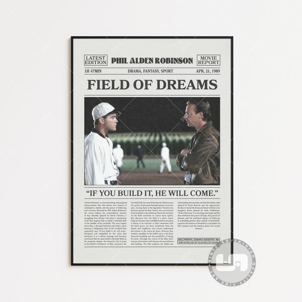 Field of Dreams, Phil Alden Robinson, Retro Newspaper Movie Poster, Black White Wall Art, Vintage Retro Art Print