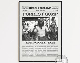 Forrest Gump, Robert Zemeckis, Retro Newspaper Movie Poster, Black White Wall Art, Vintage Retro Art Print