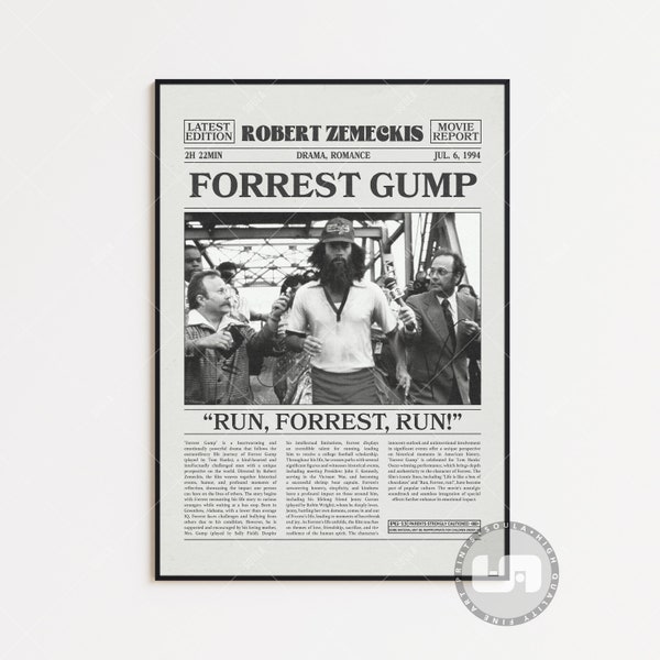 Forrest Gump, Robert Zemeckis, Retro Newspaper Movie Poster, Black White Wall Art, Vintage Retro Art Print