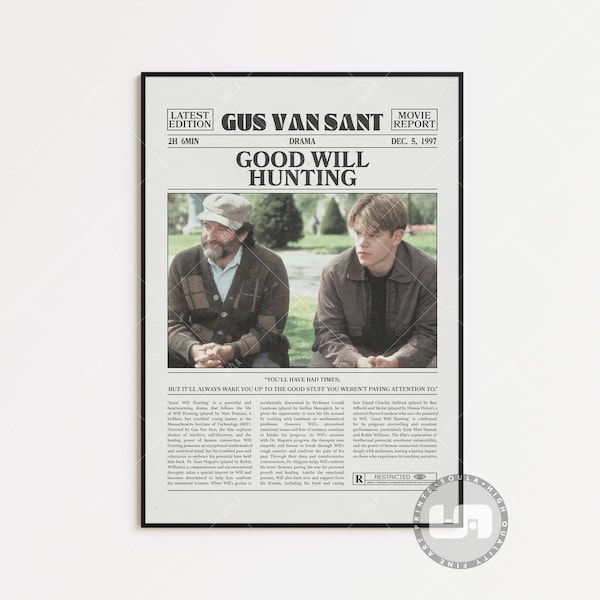 Good Will Hunting, Gus Van Sant, Retro Krant Movie Poster, Black White Wall Art, Vintage Retro Art Print