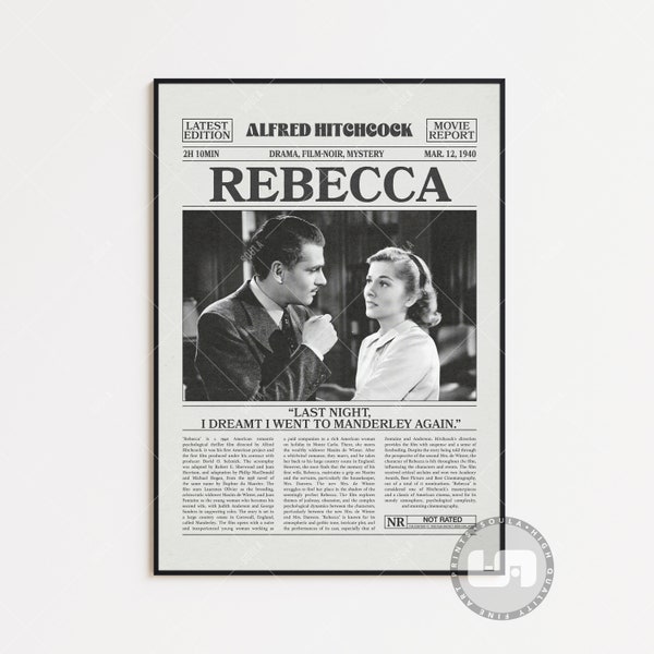 Rebecca Poster, Alfred Hitchcock, Movie Poster, Retro Newspaper, Black White Wall Art, Vintage Retro Art Print, Custom Movie Poster