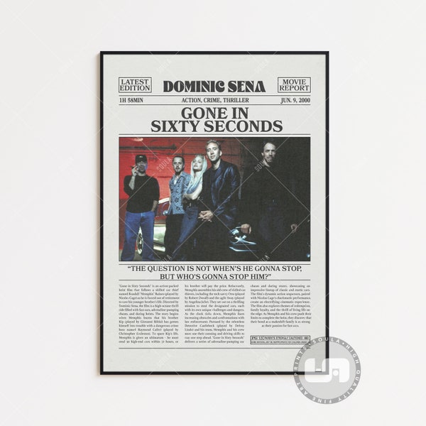 Gone in Sixty Seconds Poster Dominic Sena, Retro Newspaper Movie Poster, Black White Wall Art, Vintage Retro Art Print