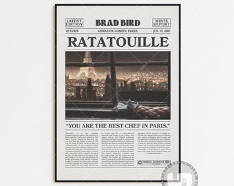 Ratatouille Poster, Brad Bird, Movie Poster, Retro Newspaper, Black White Wall Art, Vintage Retro Art Print, Custom Movie Poster