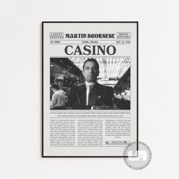 Kasino Poster, Martin Scorsese, Retro Zeitung Filmplakat, Schwarz Weiß Wandkunst, Vintage Retro Kunstdruck