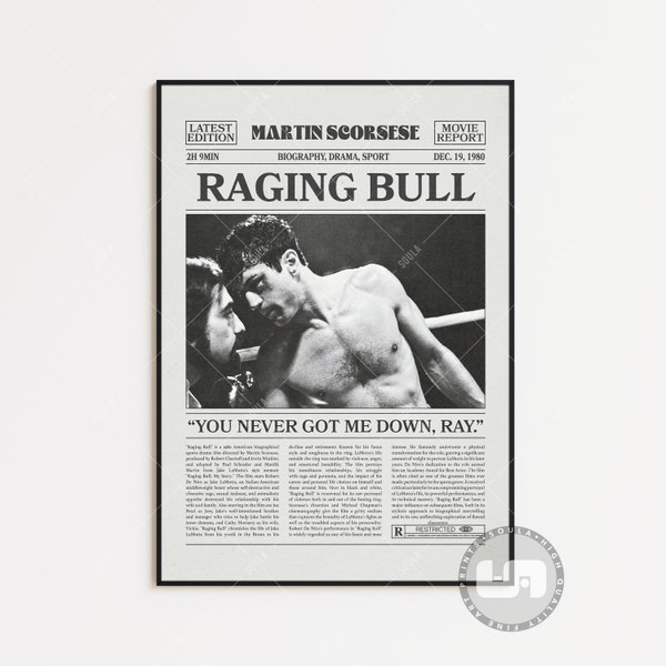 Raging Bull Poster, Martin Scorsese, Movie Poster, Retro Newspaper, Black White Wall Art, Vintage Retro Art Print, Custom Movie Poster