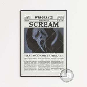 Scream Poster, Wes Craven, Movie Poster, Retro Newspaper, Black White Wall Art, Vintage Retro Art Print, Custom Movie Poster
