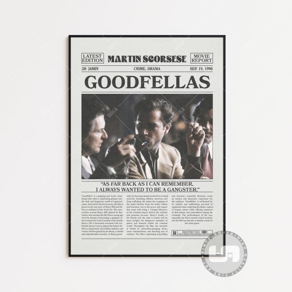 Goodfellas, Martin Scorsese, Retro Newspaper Movie Poster, Black White Wall Art, Vintage Retro Art Print