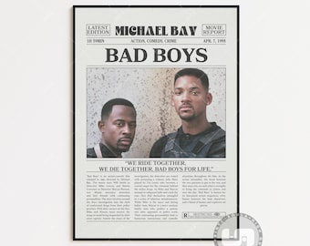 Bad Boys Poster, Michael Bay, Retro Newspaper Movie Poster, Black White Wall Art, Vintage Retro Art Print