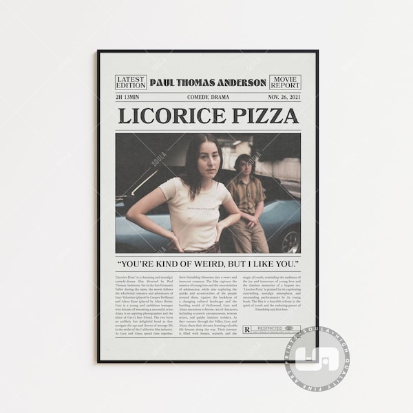 Licorice Pizza, Paul Thomas Anderson, Retro Newspaper Movie Poster, Black White Wall Art, Vintage Retro Art Print