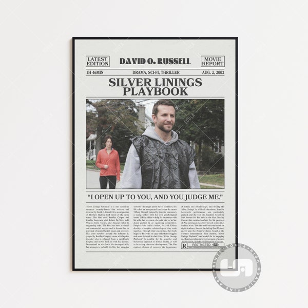 Silver Linings Playbook Poster, David O. Russell, Movie Poster, Retro Newspaper, Black White Wall Art, Vintage Retro Art Print, Custom Movie