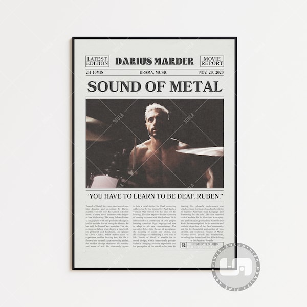 Sound of Metal Poster, Darius Marder, Movie Poster, Retro Newspaper, Black White Wall Art, Vintage Retro Art Print, Custom Movie Poster