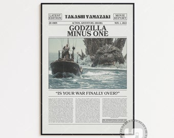 Godzilla Minus One Poster, Takashi Yamazaki, Movie Poster, Retro Newspaper, Black White Wall Art, Vintage Retro Art Print, Custom Movie